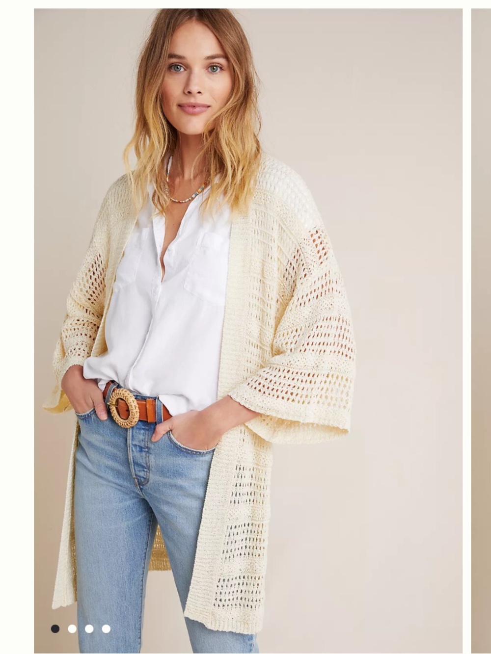 Anthropologie Layne Crochet Knit Kimono Cardigan Cream Boho Open Front
